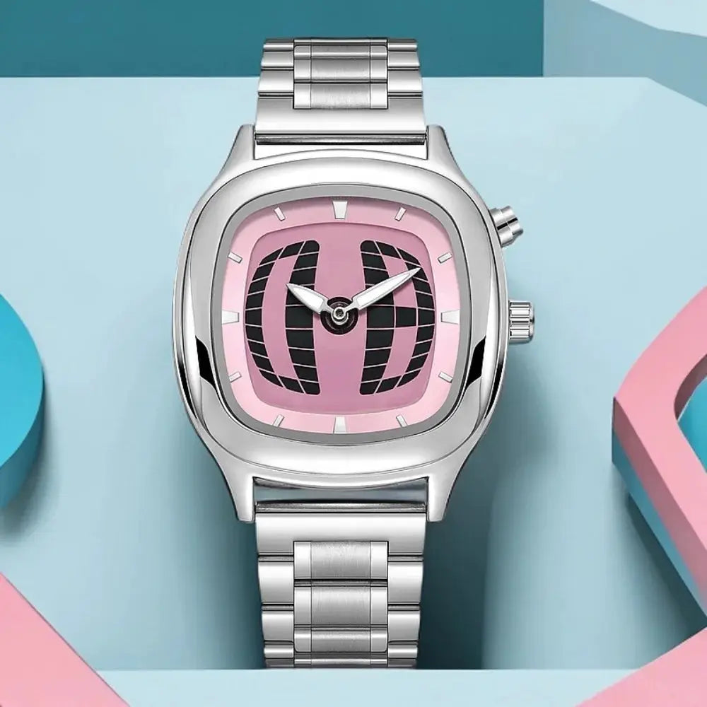 Men's dual-display quartz watch with stainless steel band by Simples Market; pink dial.