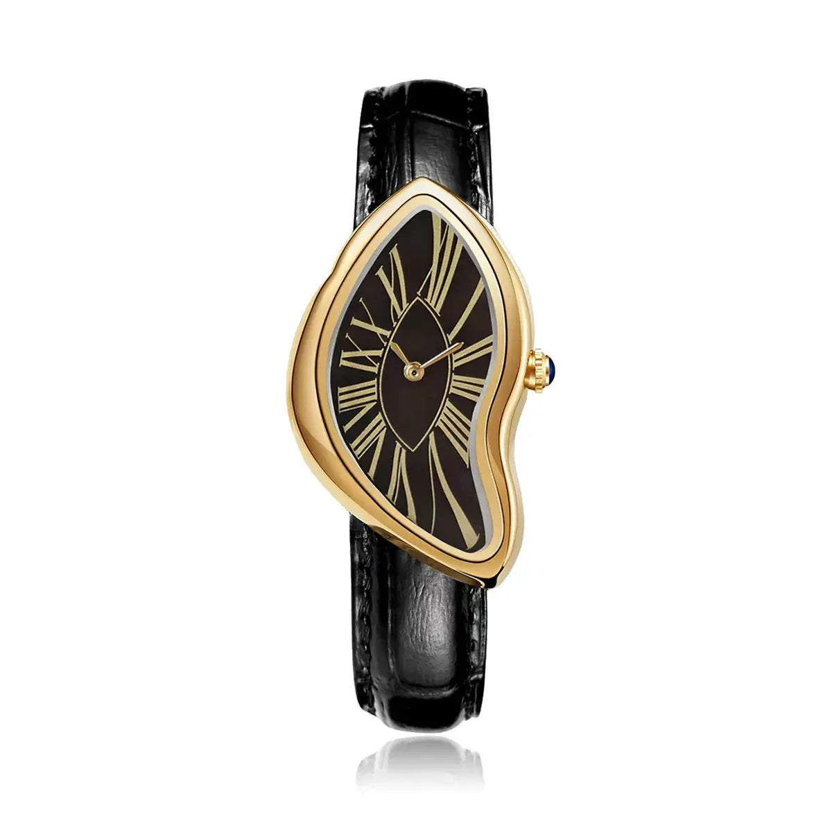 Wristwatch with teardrop-shaped gold-tone case, black dial with Roman numerals, and black leather strap.