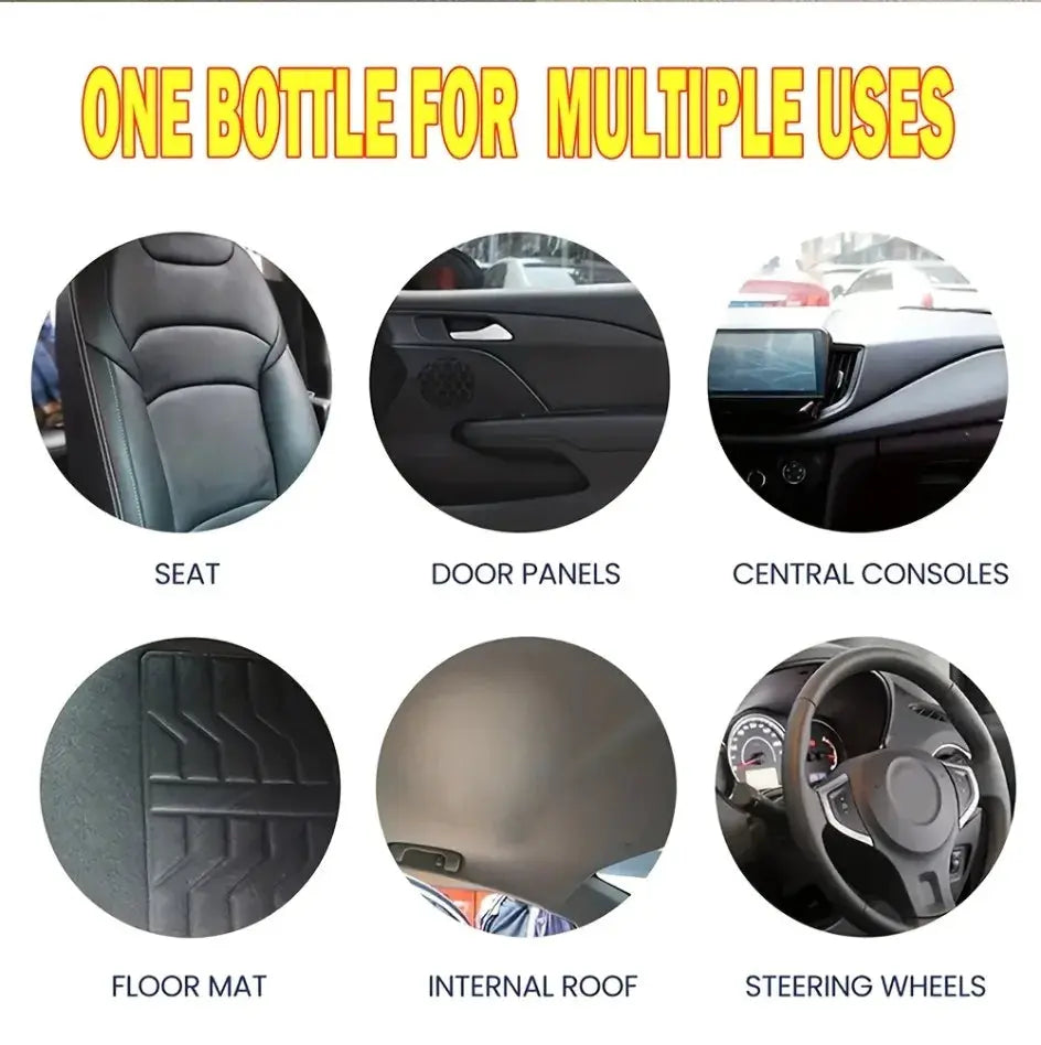 Multifunctional foam cleaner for interiors; cleans 6 items: seats, doors, consoles, floors, roof, wheels.