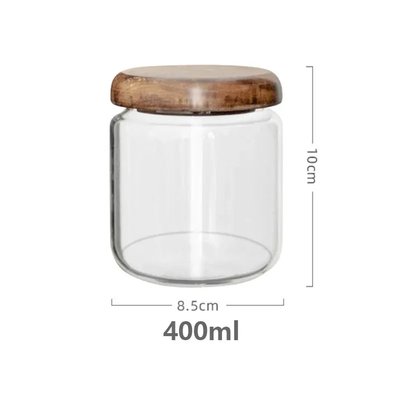 KEMORELA Transparent Glass Storage Jar With Acacia Wood Lid Round Tea Jar For Dried Fruit Snacks Kitchen Organization