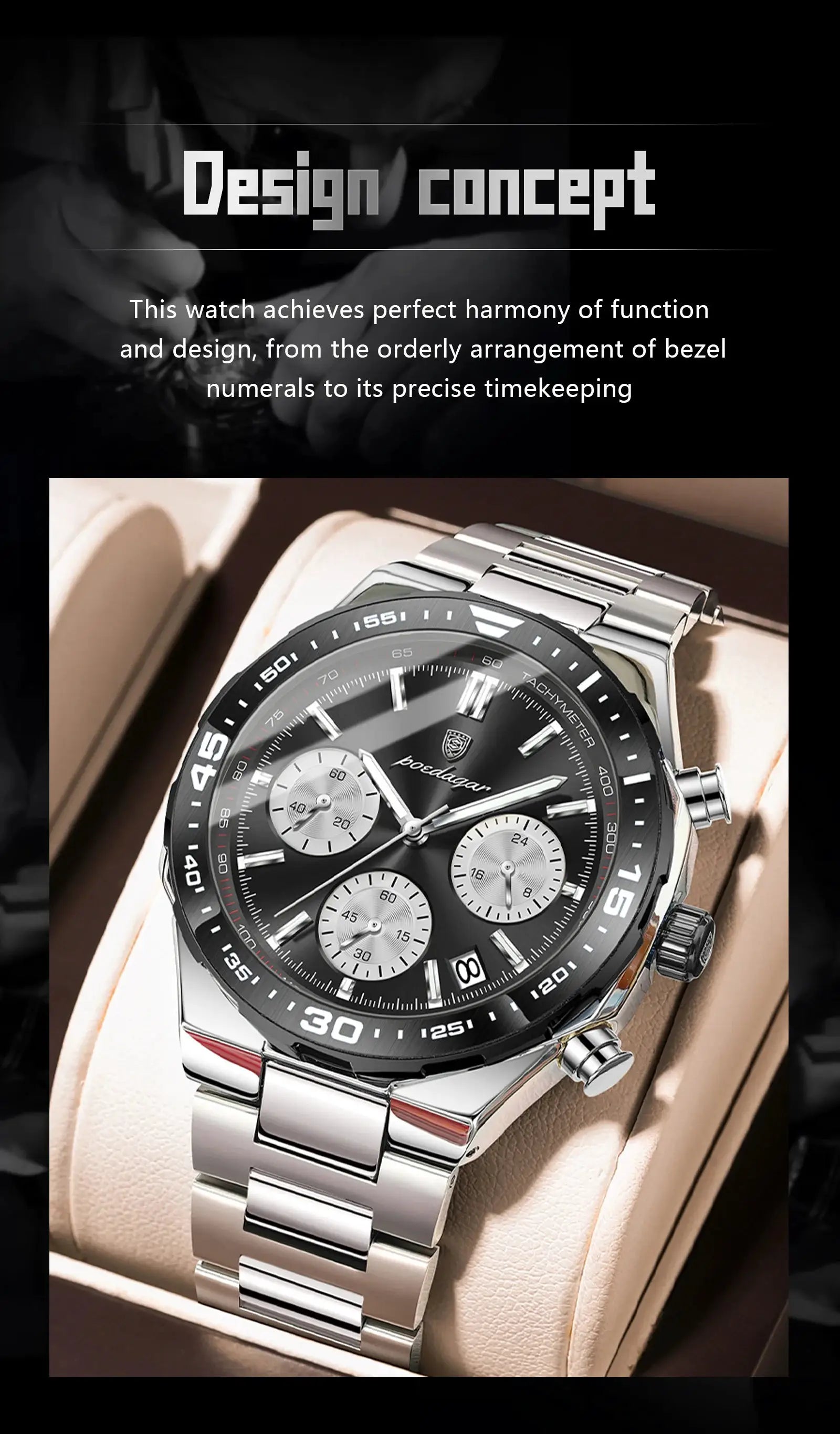 POEDAGAR men's stainless steel quartz chronograph watch with black dial and bracelet