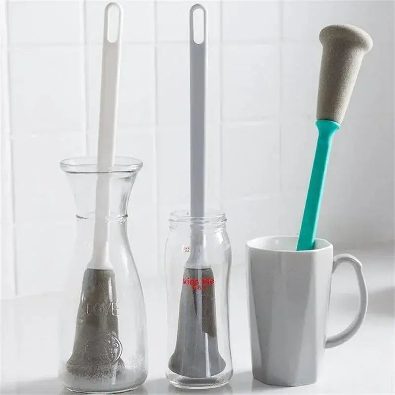 Simples Market long-handle bottle and cup cleaning brush set, 3-pack; white, gray and teal handles.
