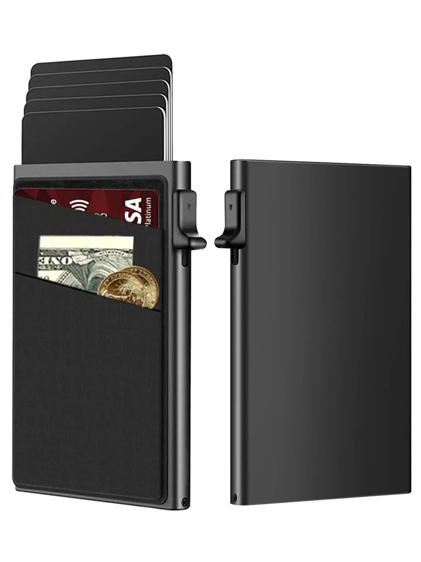 Anti-theft RFID card holder wallet in black aluminum; minimalist metal box by Simples Market with several cards.