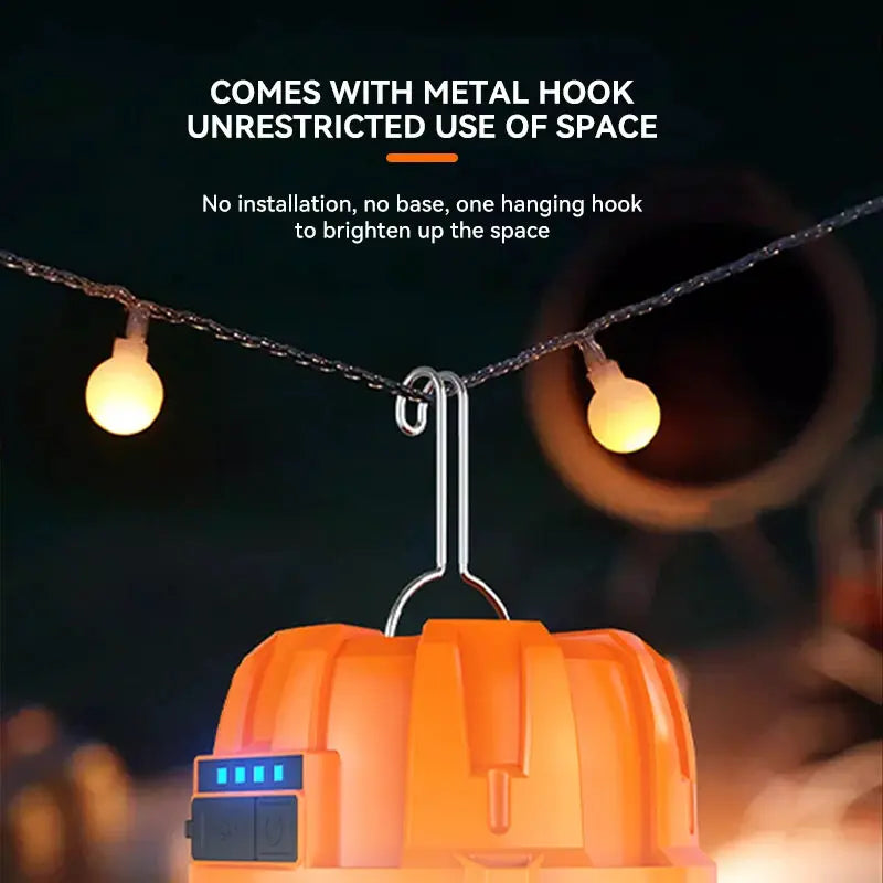 500W LED camping lantern, orange plastic with metal hook and blue LED indicators