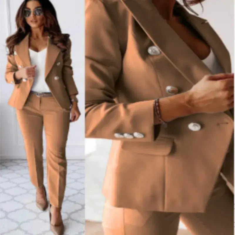 Office two-piece camel suit with double-breasted blazer and tailored trousers, white top.