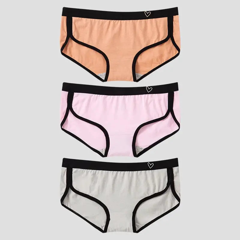 3-pack BANNIROU women's cotton soft breathable low-rise briefs in peach, pink, and gray with black trim