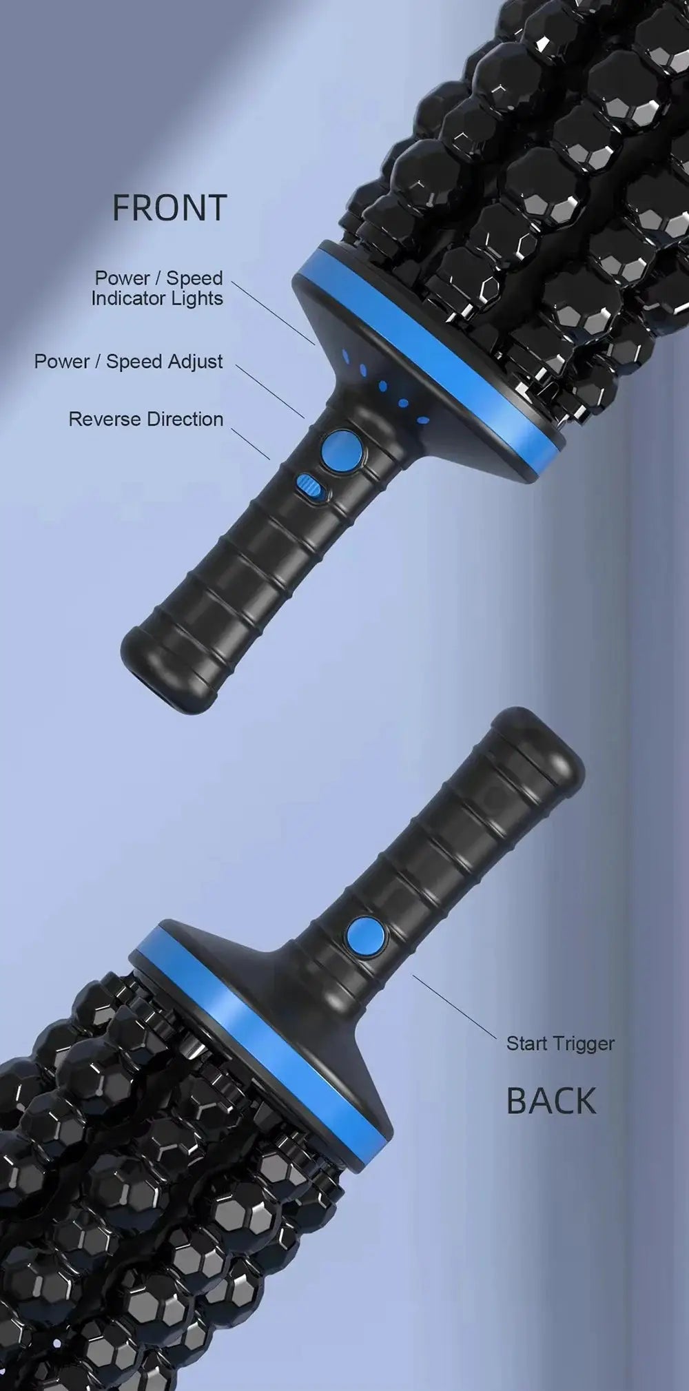 Cordless rechargeable roller massager with 360 rolling bead head and blue accents for back, legs, and feet.