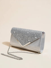 Simples Market silver sequin envelope clutch with chain crossbody strap