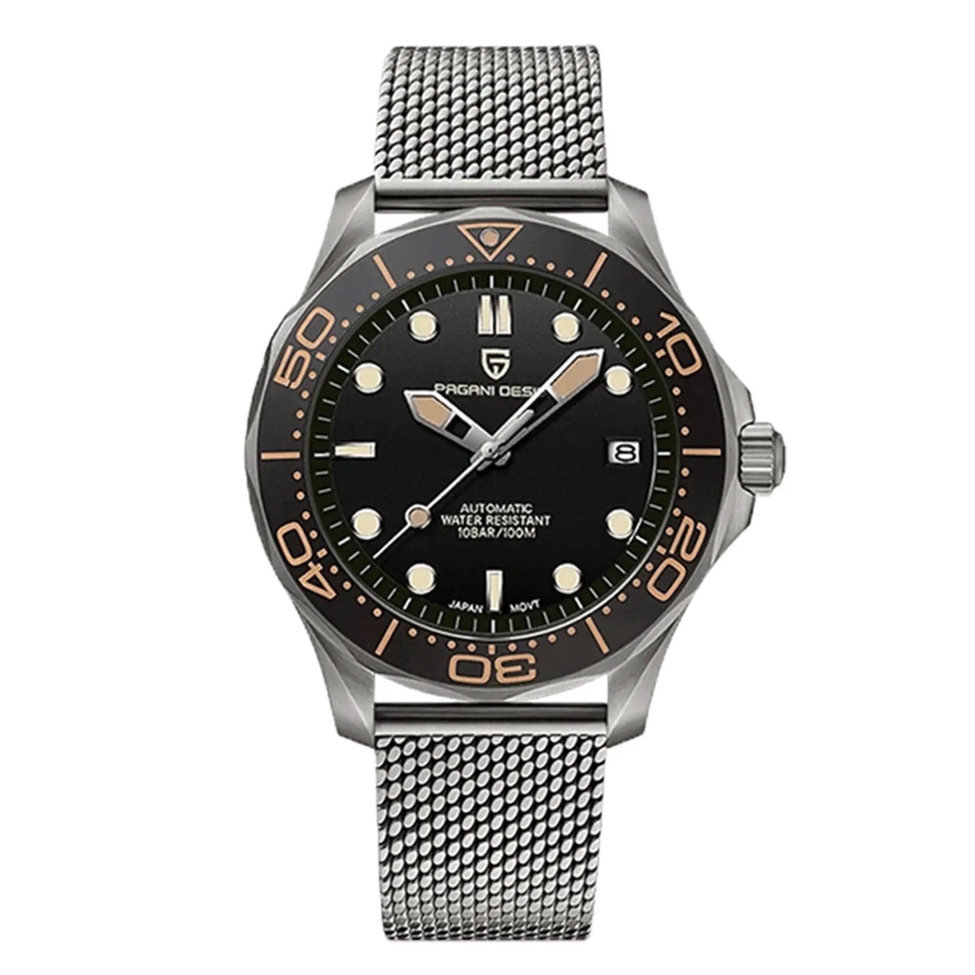 Pagani Design 007 men's watch with black dial, rose-gold bezel, and stainless steel mesh bracelet