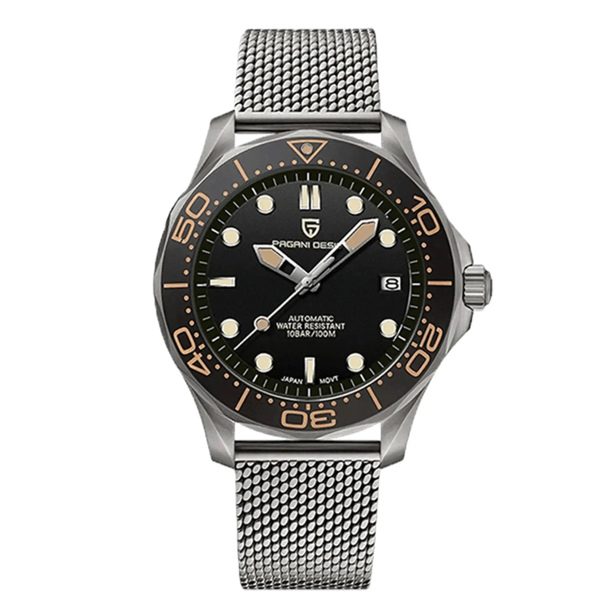 Pagani Design 007 men's watch with black dial, rose-gold bezel, and stainless steel mesh bracelet