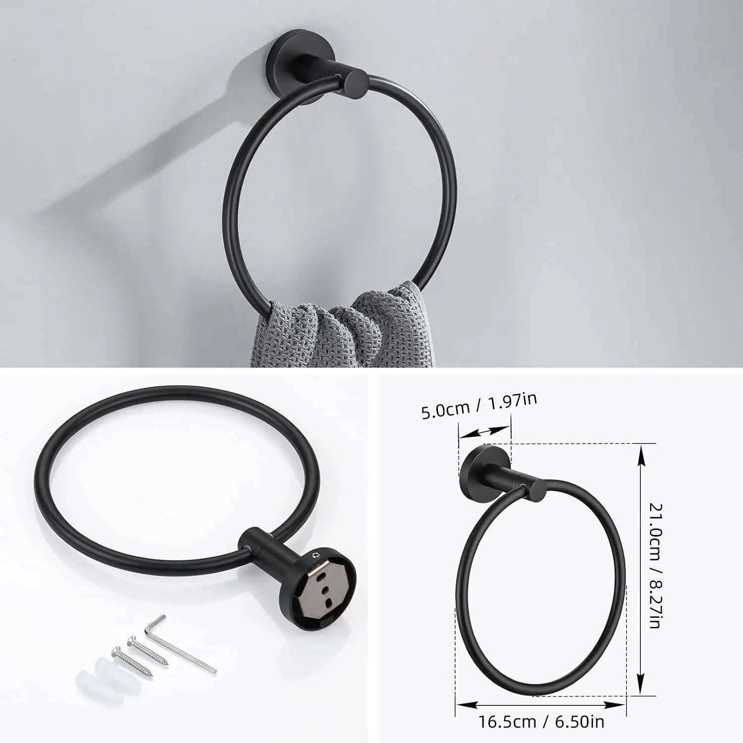 Towel ring by Simples Market, black stainless steel wall-mounted bathroom hardware with screws