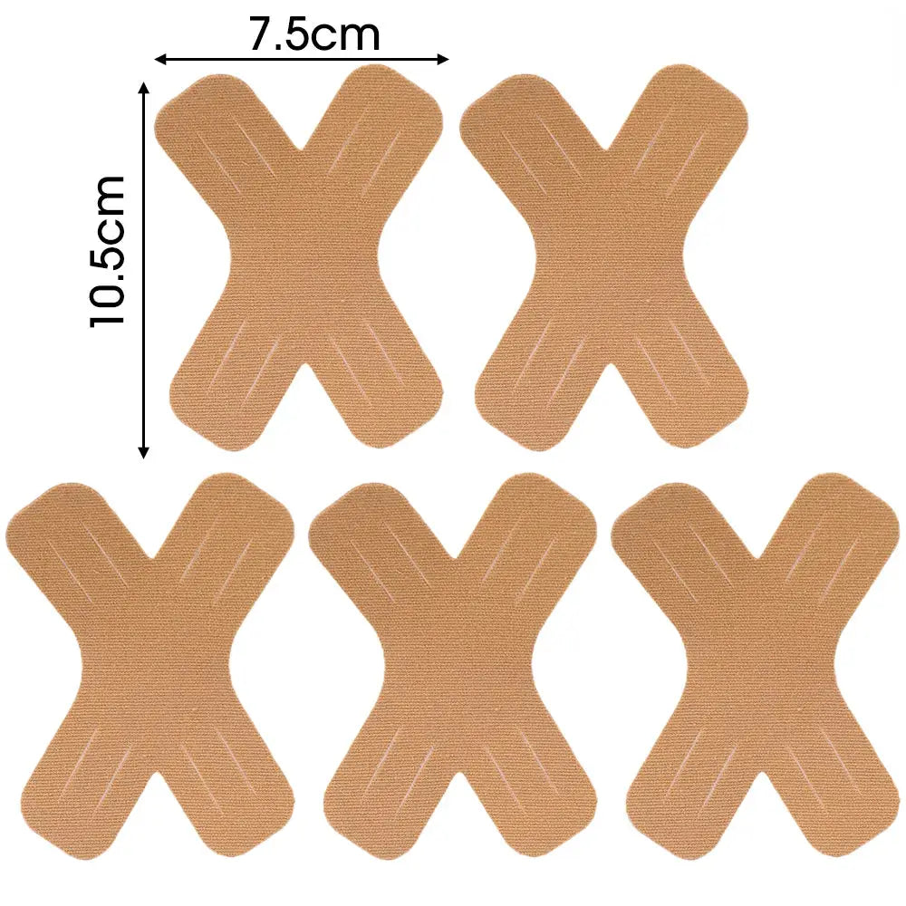 Kinesiology tape patches; six beige X-shaped elastic strips, waterproof athletic physio tapes for joints