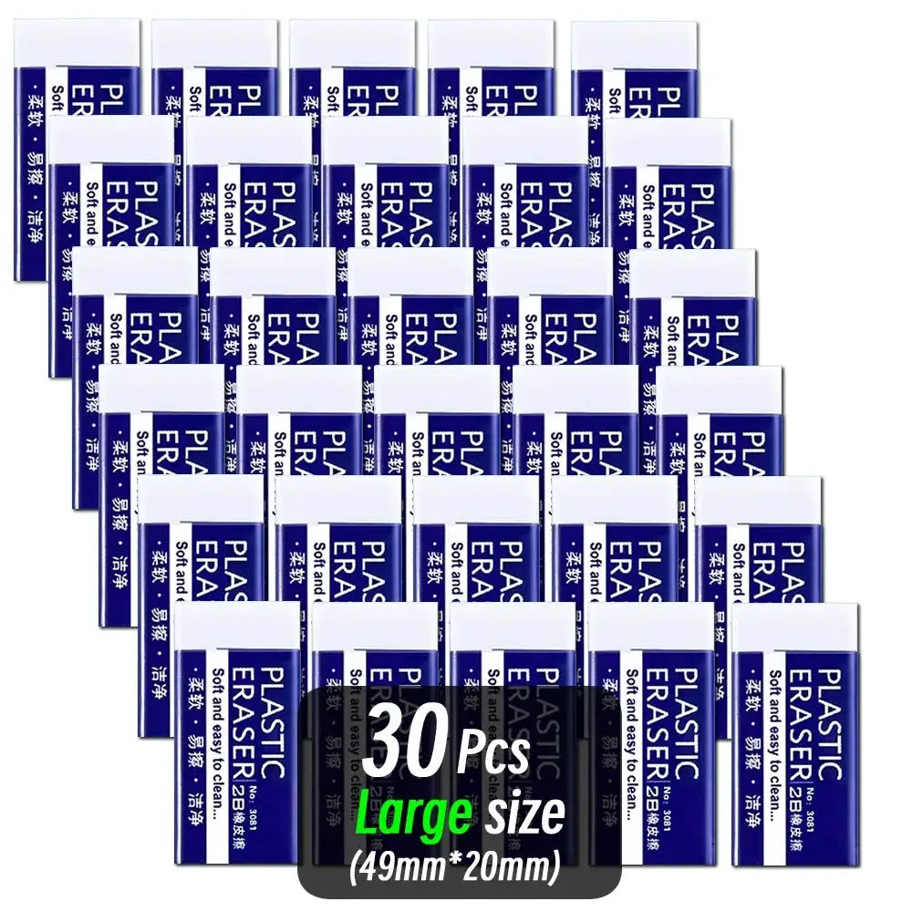 2B erasers by Simples Market, 30pcs large blue packaging, soft rubber for exams and office use (49mm x 20mm)