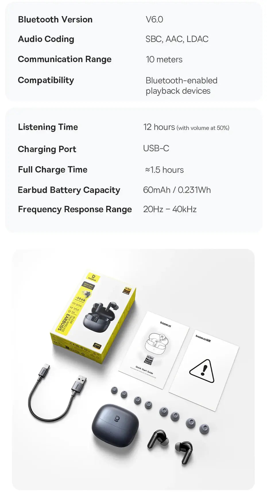 Baseus BP1 Pro blue wireless earbuds with charging case and USB-C cable