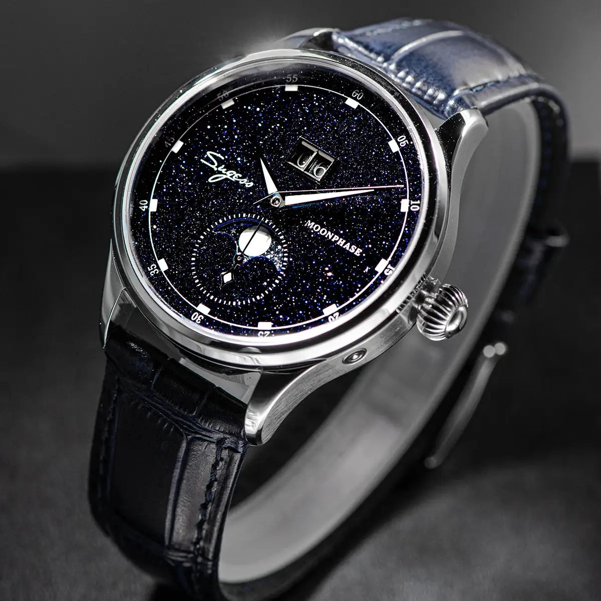 Sugess Moonphase men's watch with stainless steel case, blue sandstone dial, and blue leather strap.