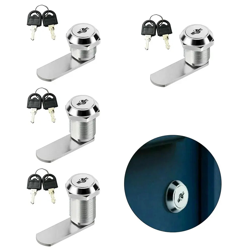 Cam lock drawer cabinet locks, 4-pack, silver finish with two keys and metal strike plate