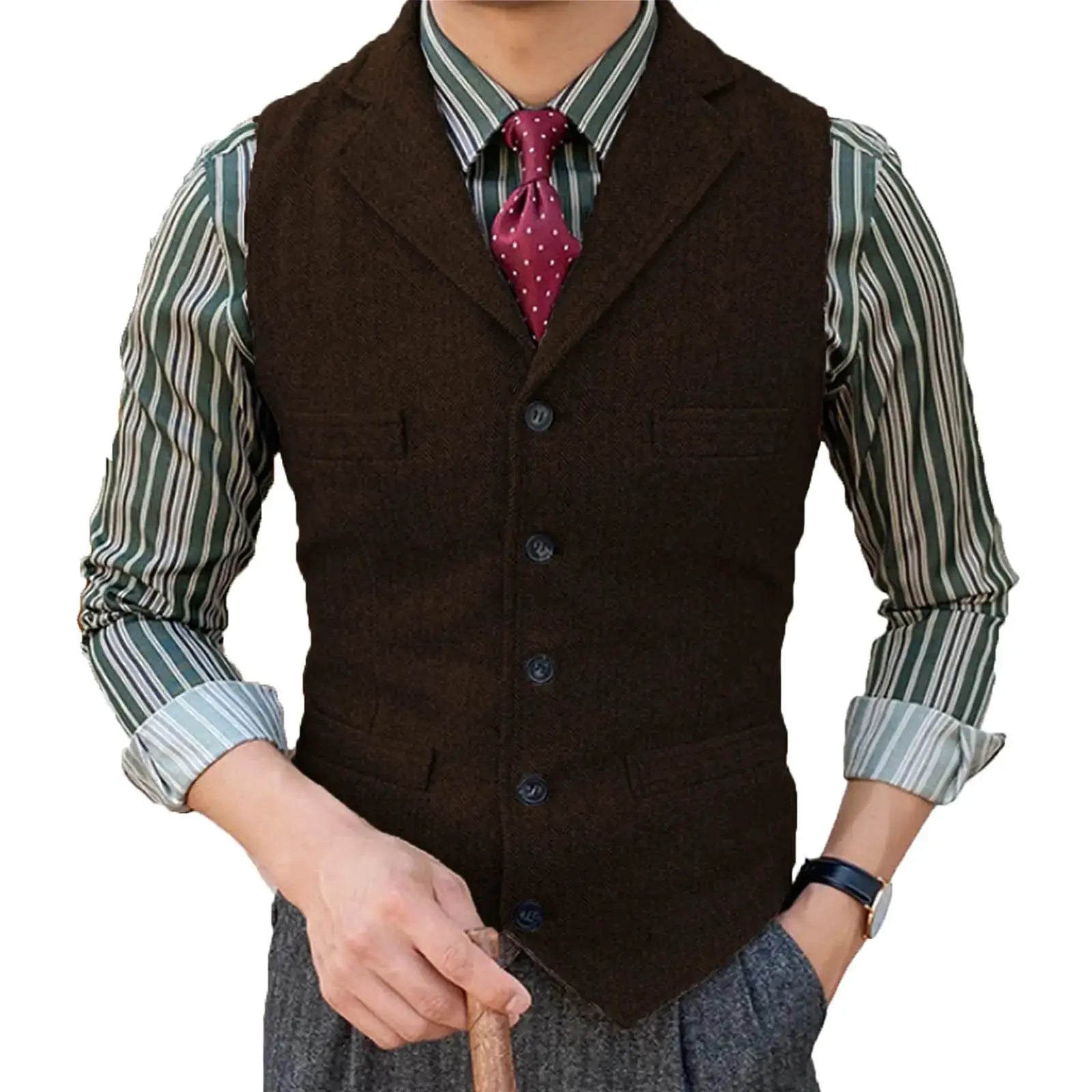 Men's wool herringbone waistcoat with lapel V-neck and button closure.