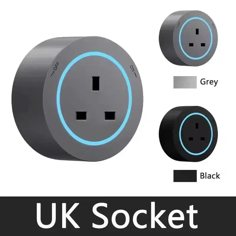 UK round track socket adapter in grey and black with blue ring; three color options shown