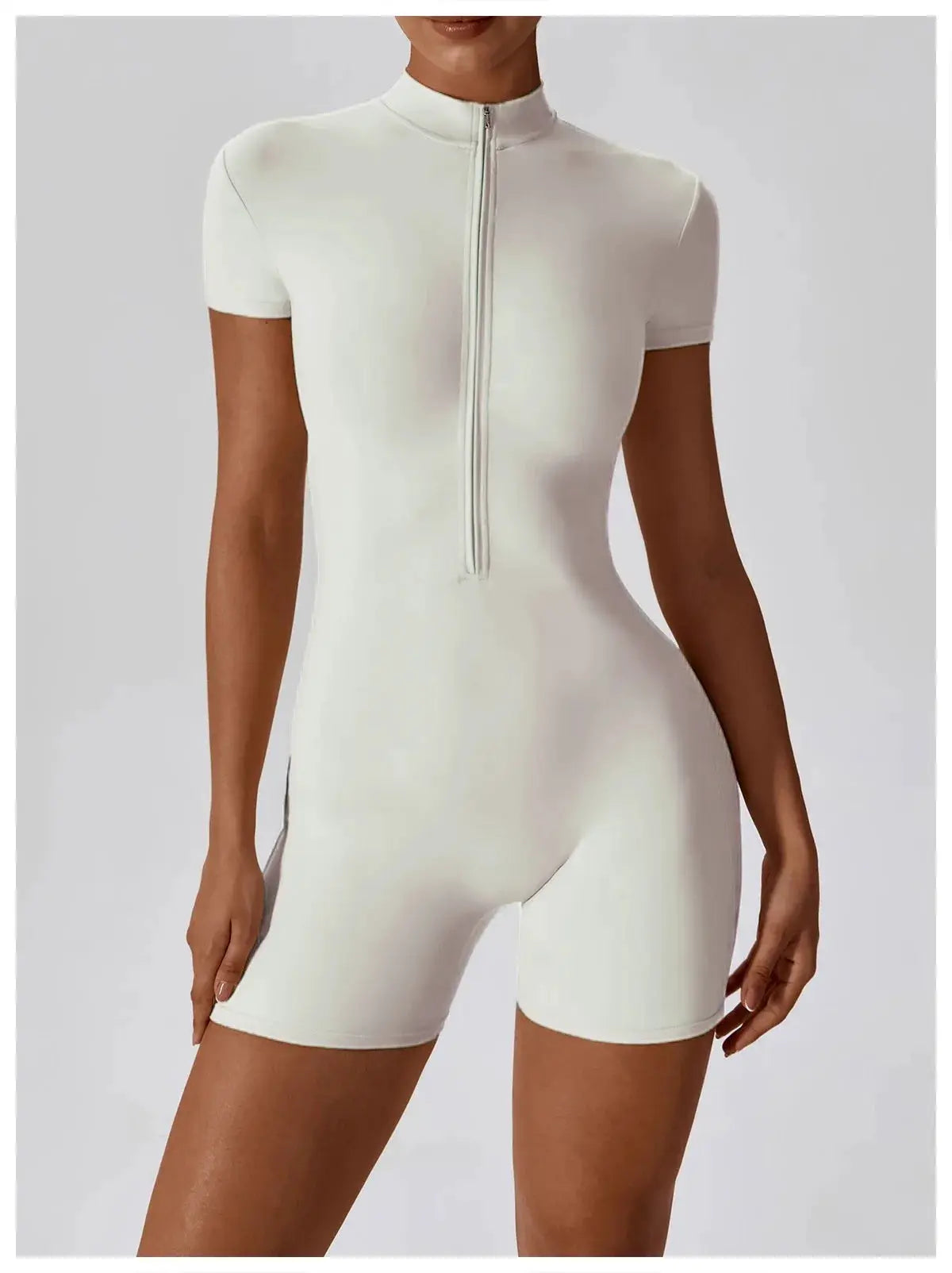 Women's zipper short-sleeve yoga jumpsuit in white, quick-dry breathable fabric by Simples Market