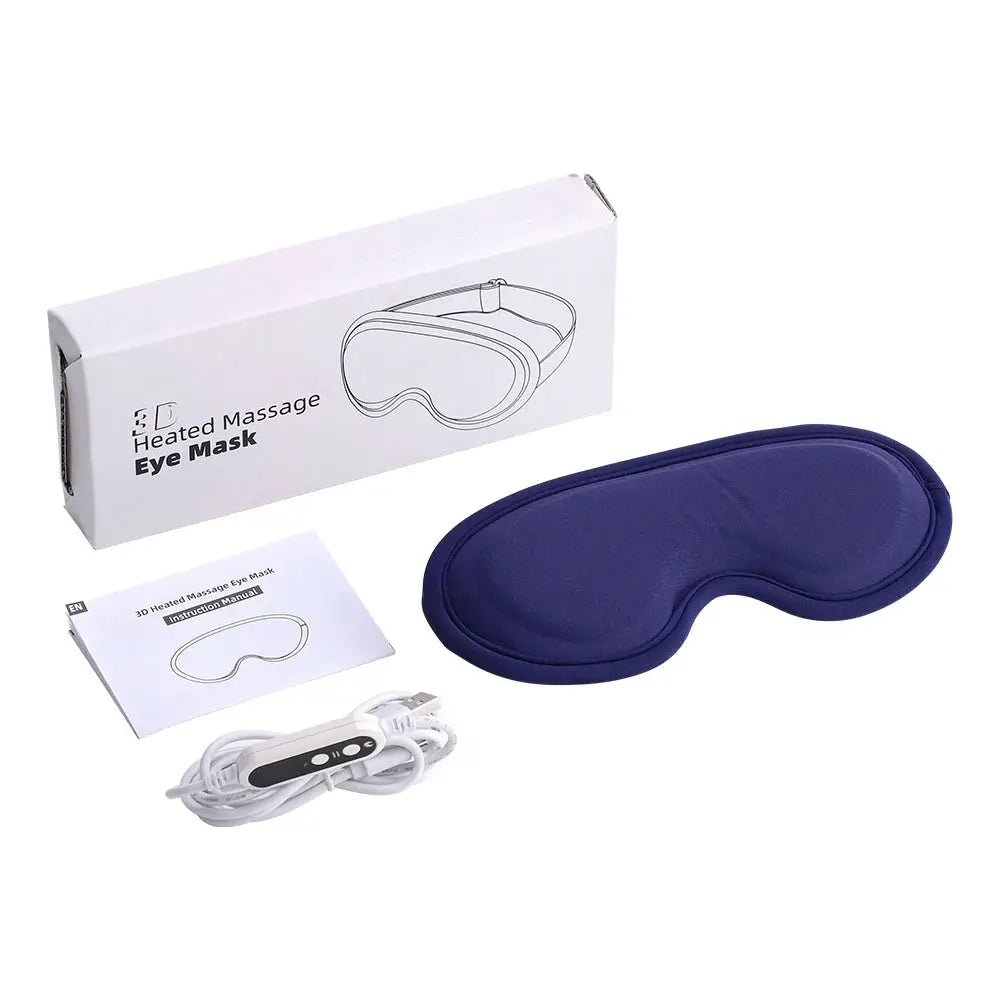 Electric steam eye mask by Simples Market, blue fabric; boxed with USB cable and manual