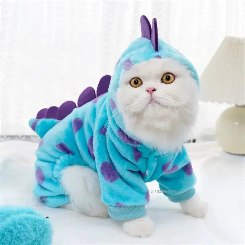 Thickened Warm Blue Dinosaur Hooded Coat for Small to Medium Dogs and Cats Autumn Winter Outerwear