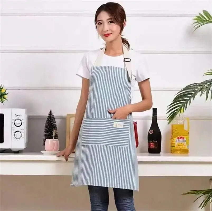 Simples Market cotto linen blue and white striped apron with cotton waistband adjustable neck strap and front pocket