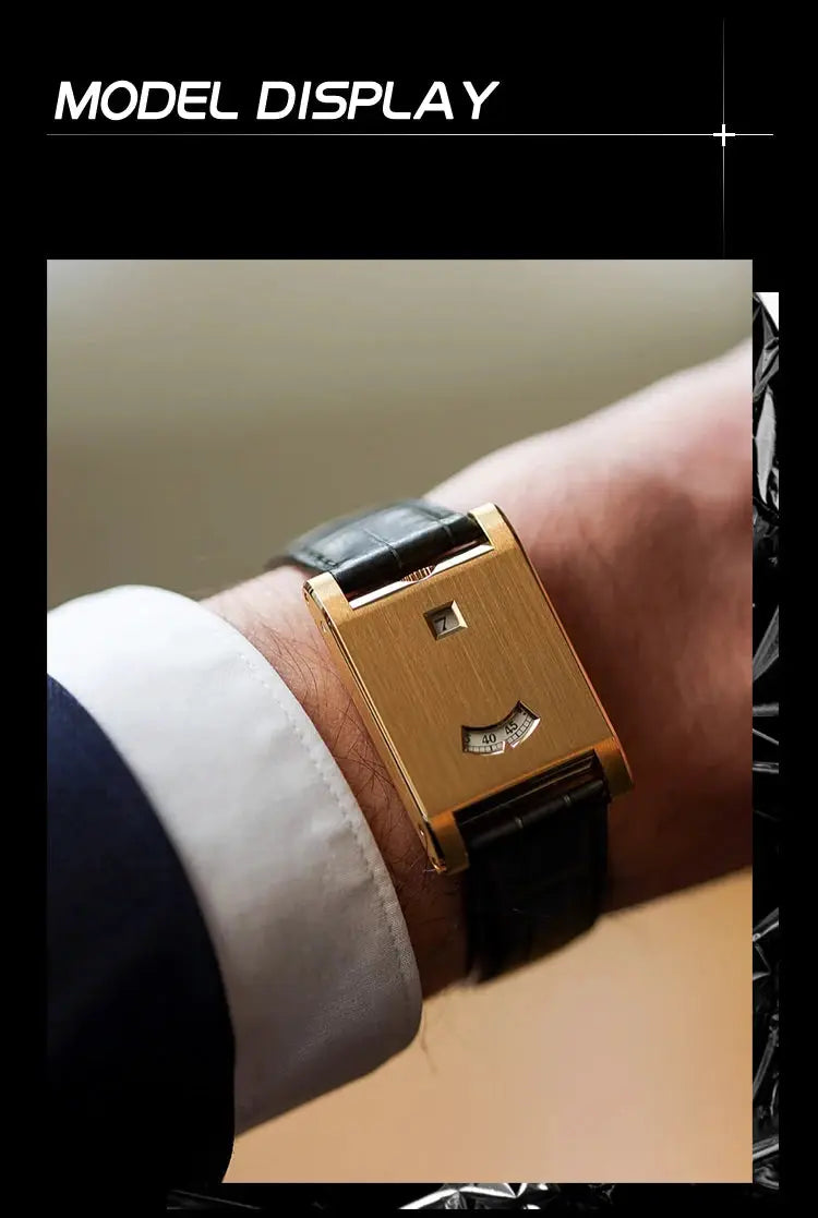 Men's square gold-tone rectangular tank watch with black leather strap