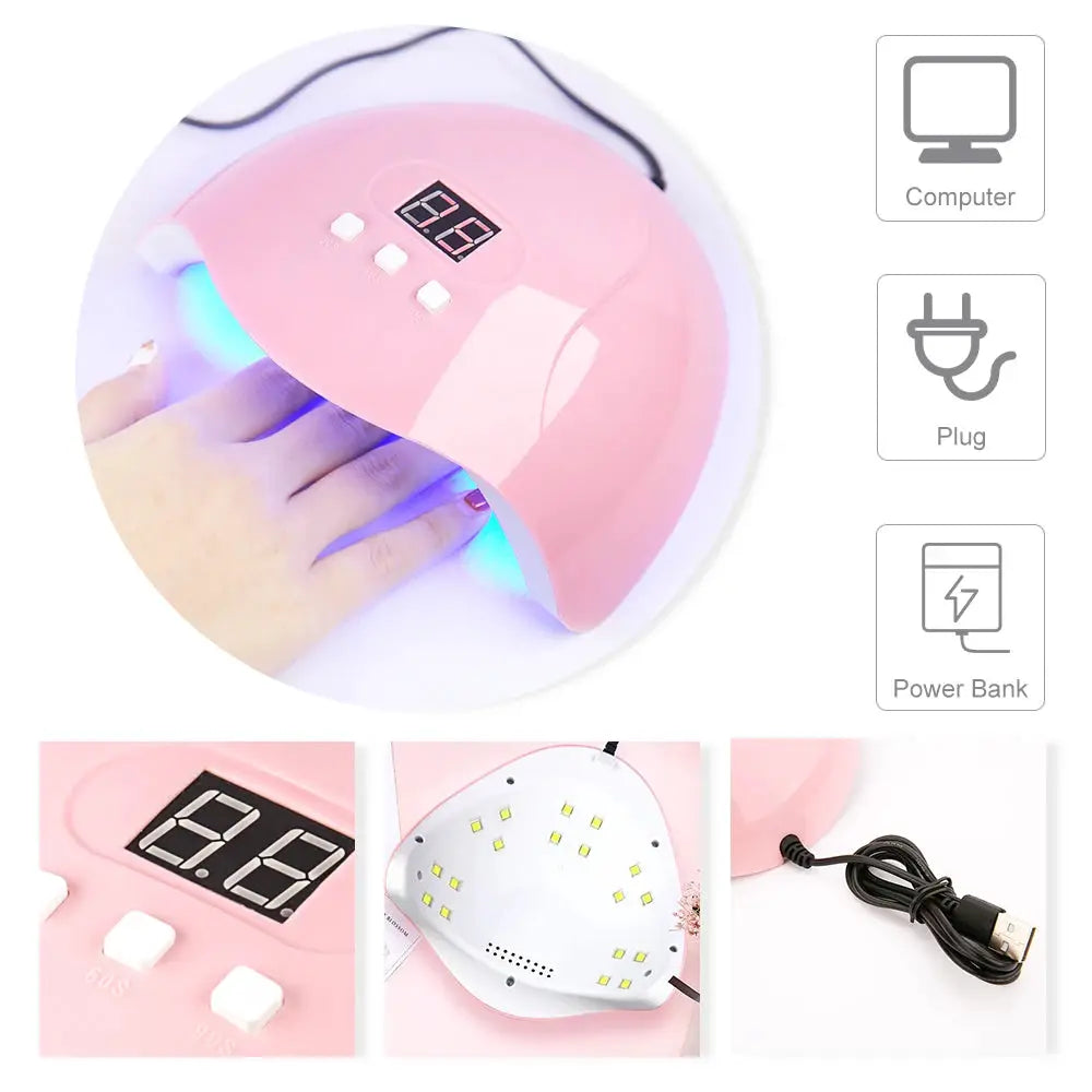 LIMEGIRL Gel Nail Polish Kit by Simples Market; pink UV LED lamp with USB power and digital display