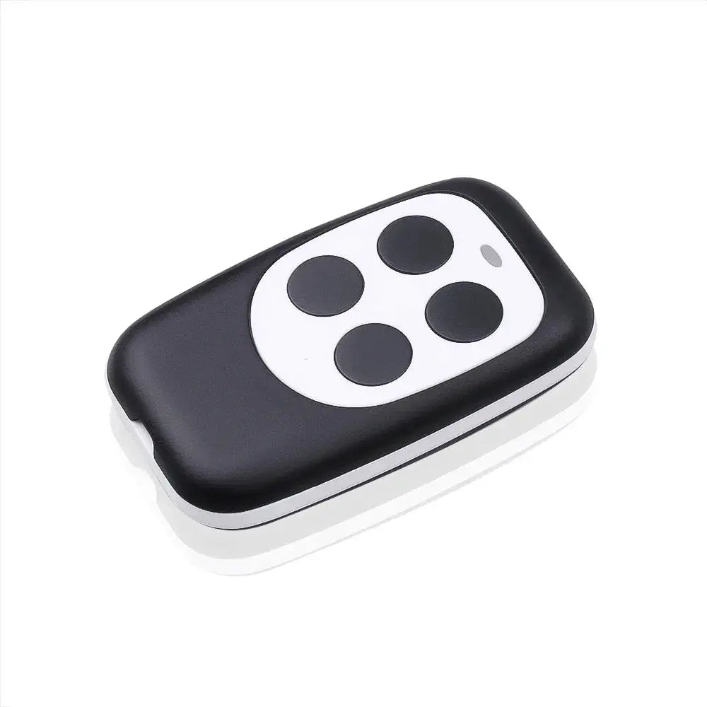 Garage door remote control by Simples Market with four black buttons on white panel, black housing