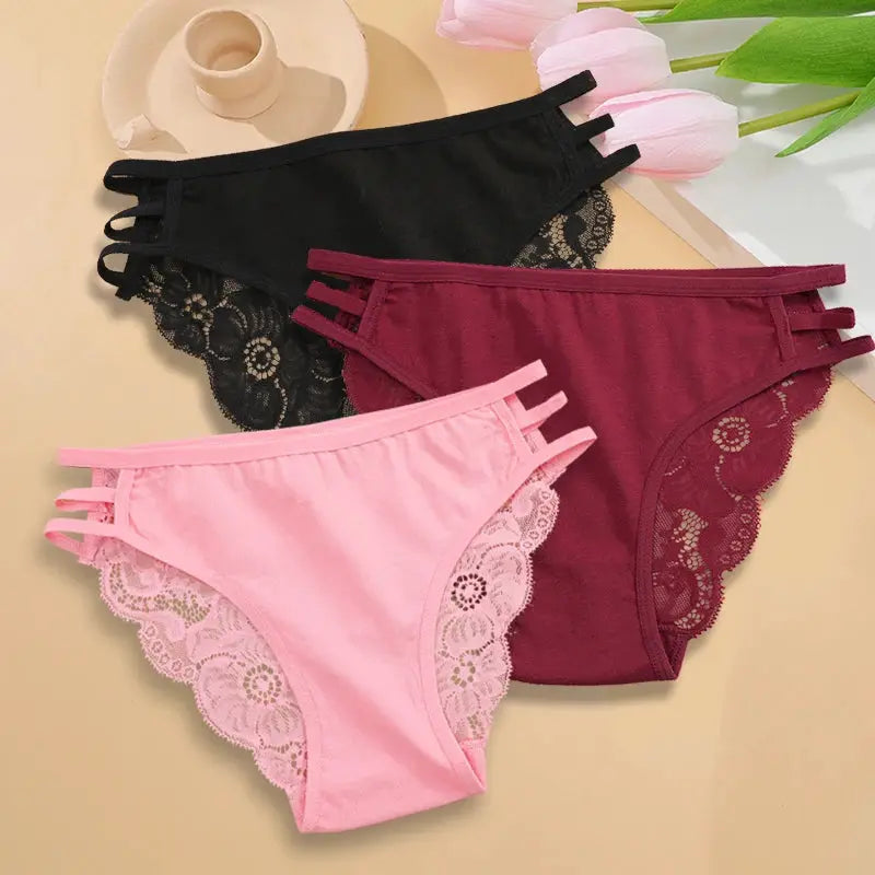 3-piece women's lace panty set in black, burgundy, and pink with floral lace trim and triple-side straps