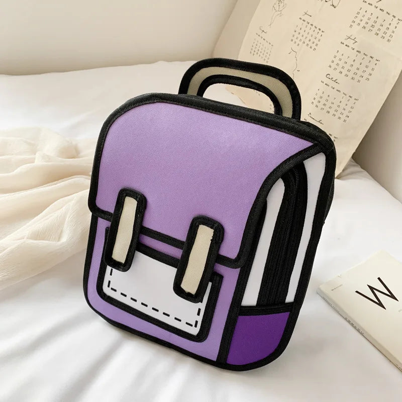 Backpack by Simples Market, purple with black trim and white front pocket, for 3–6 grade students