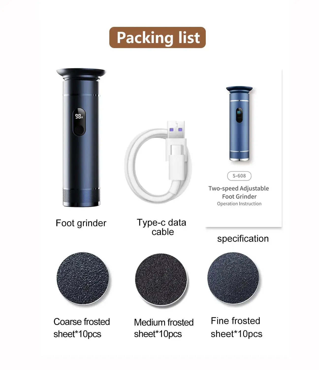Simples Market aluminum foot grinder with dual power Type-C/battery in blue; USB-C cable and instruction sheet included.