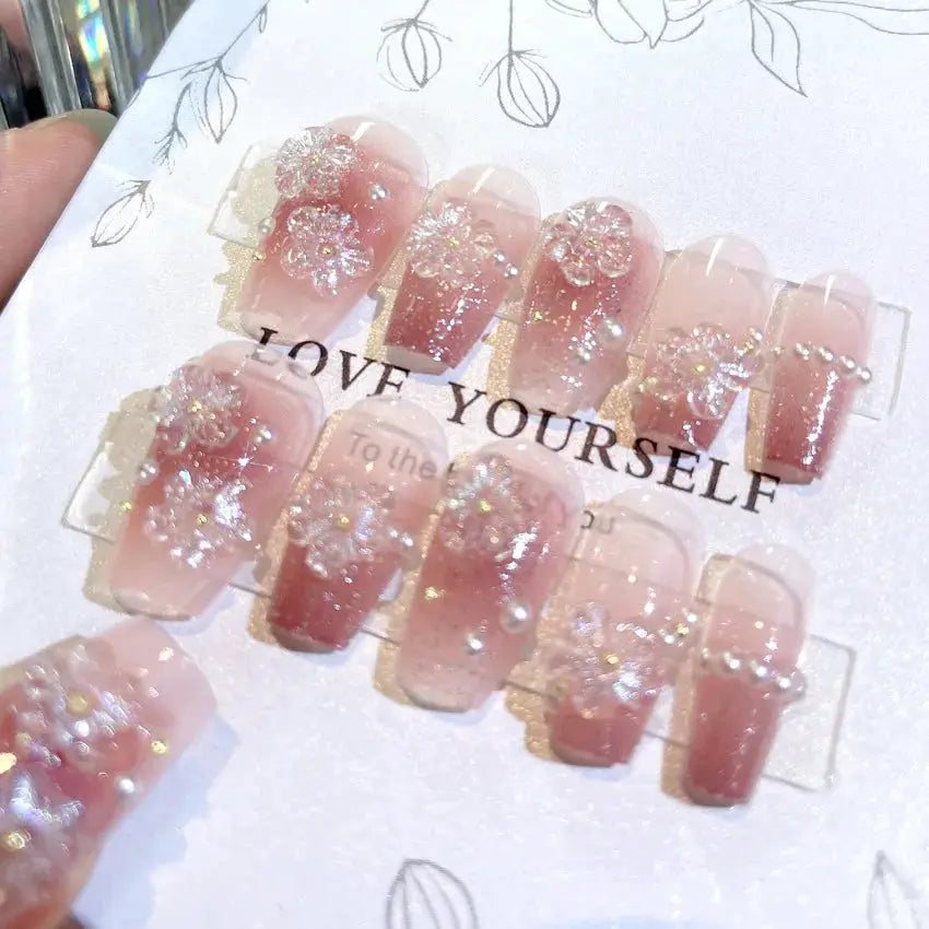 LuxeNail Blush Pink False Nails Bowknot Diamond Pearl Design Press On Nail Tips Harmless Smooth Edge Safe DIY Mani