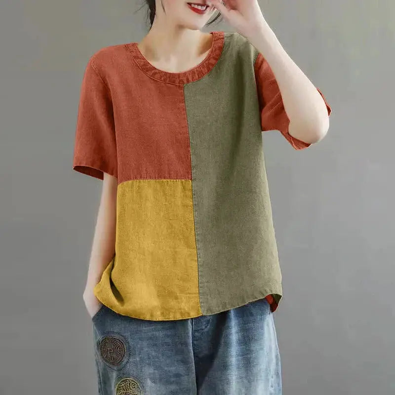 ZANZEA Women Patchwork Blouse Cotton Linen Short Sleeve Round Neck Top
