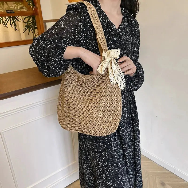 Simples Market rattan shoulder bag; natural beige woven straw tote with lace bow accent, large capacity