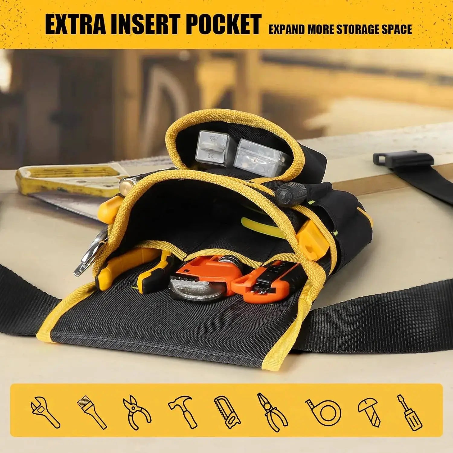 Simples Market tool belt bag with black body and yellow trim, featuring adjustable pockets and a detachable work pouch