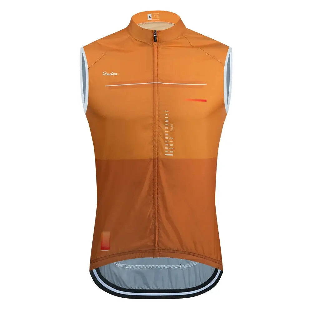 Raudax men's sleeveless cycling vest in orange mesh with front zipper and grey trim.