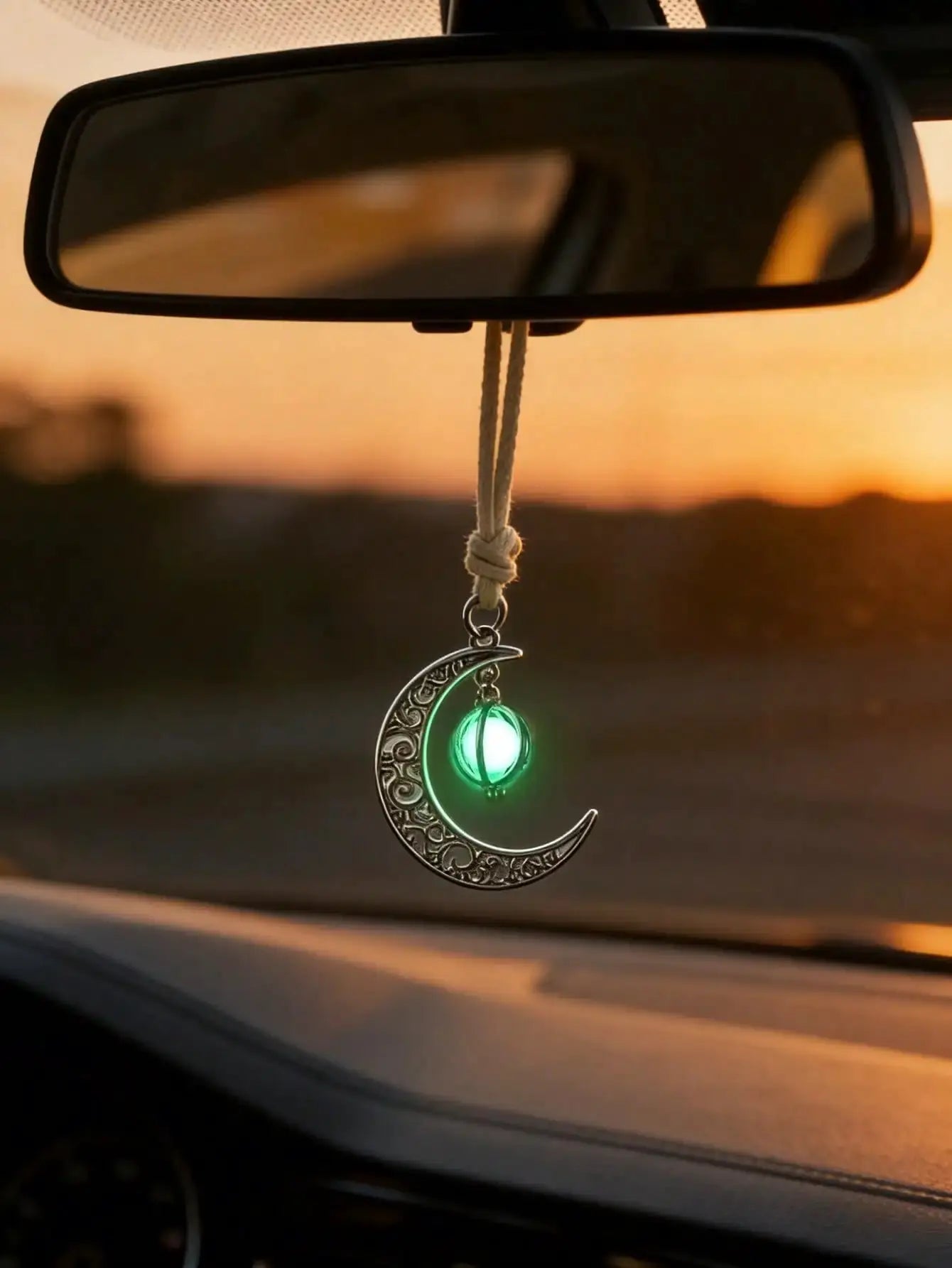 Luminous Moon Pendant car rearview mirror ornament with hollow silver crescent and glowing green stone, Simples Market