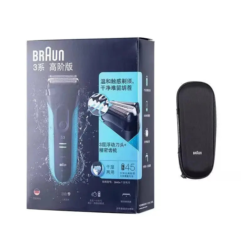 Braun electric shaver 3 Series ProSkin 3040S with trimmer, blue handle on dark packaging and black carrying case