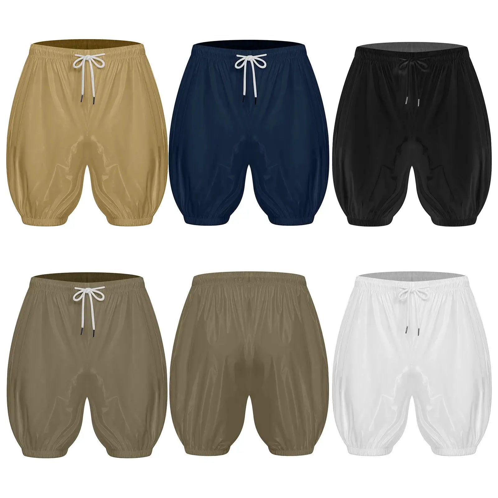 Adult waterproof reusable diaper cover shorts in beige, navy, black, taupe, brown, and white.