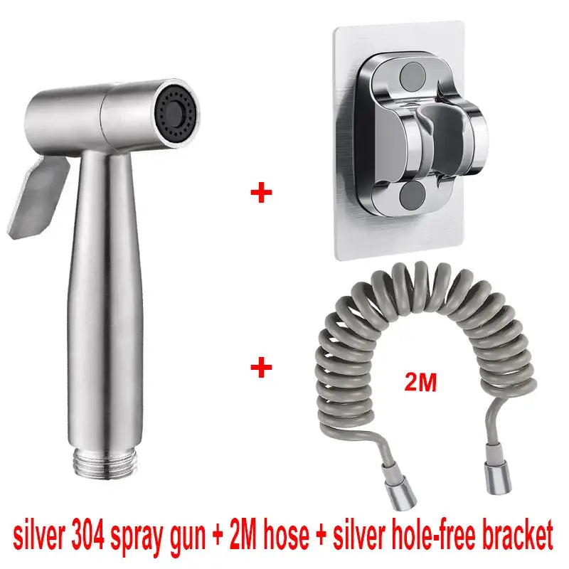 3-piece handheld spray gun set with 2m hose and silver wall-mount bracket, stainless steel