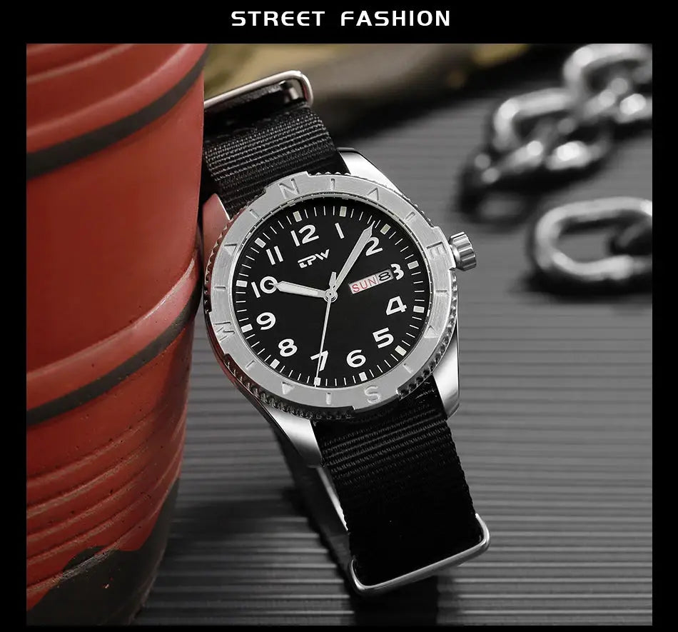 Simples Market 40mm field watch with black dial, fabric strap, quartz movement, luminous rotating bezel, date & day