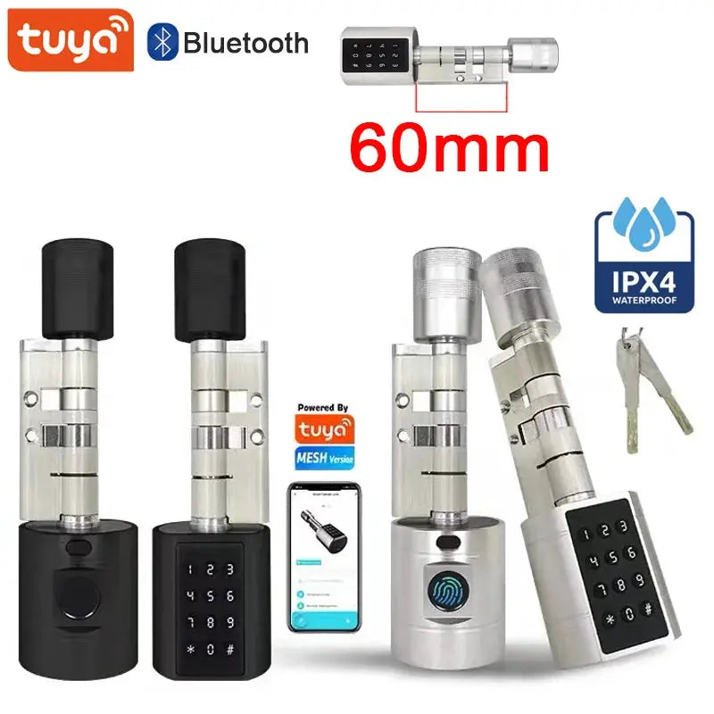 Simples Market Tuya Bluetooth fingerprint cylinder smart door lock set with keypad, 60mm, IPX4, 4 units