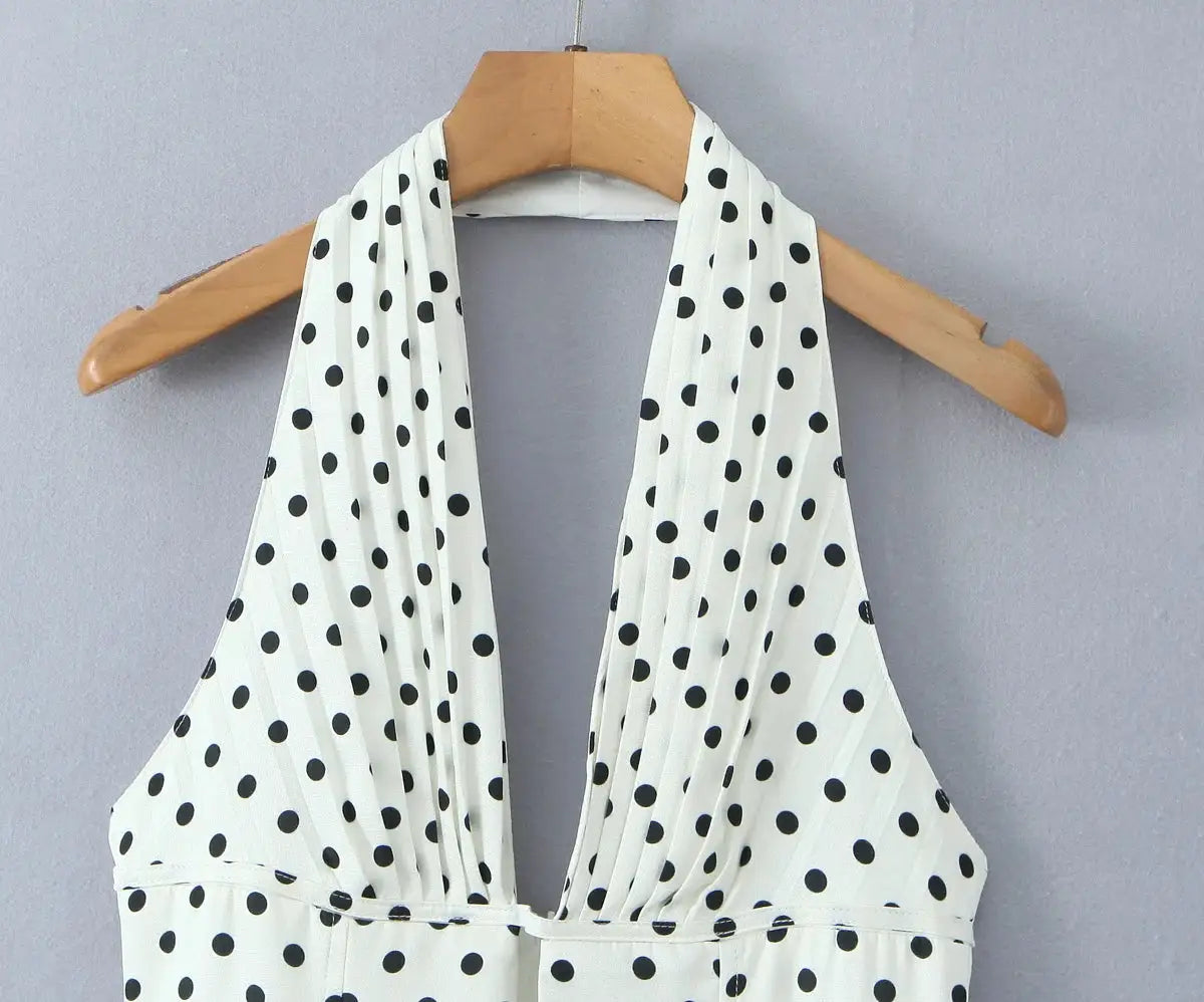 Yenkye French Style Retro Polka Dot Halter Dress Women Backless A Line