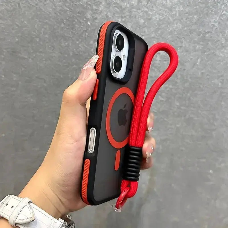 Simples Market Magsafe wrist strap case for iPhone, black with red accents and red lanyard