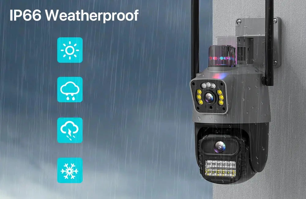 Outdoor Wifi PTZ camera with dual lenses, IP66 weatherproof housing, 4K/8MP video and police light