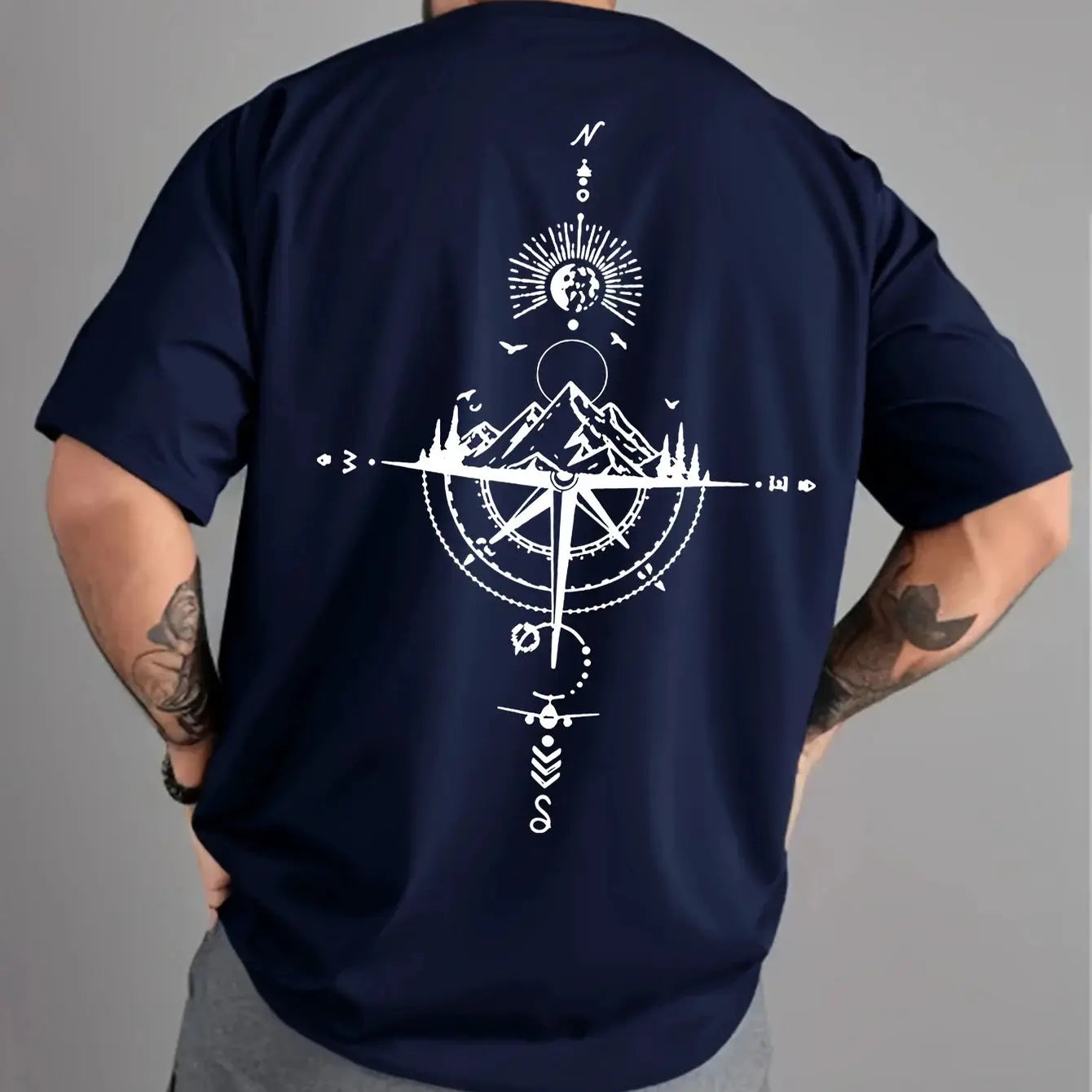 Mens 100 Percent Cotton Summer Casual T Shirt Loose Oversized Retro Compass Print Round Neck Short Sleeve