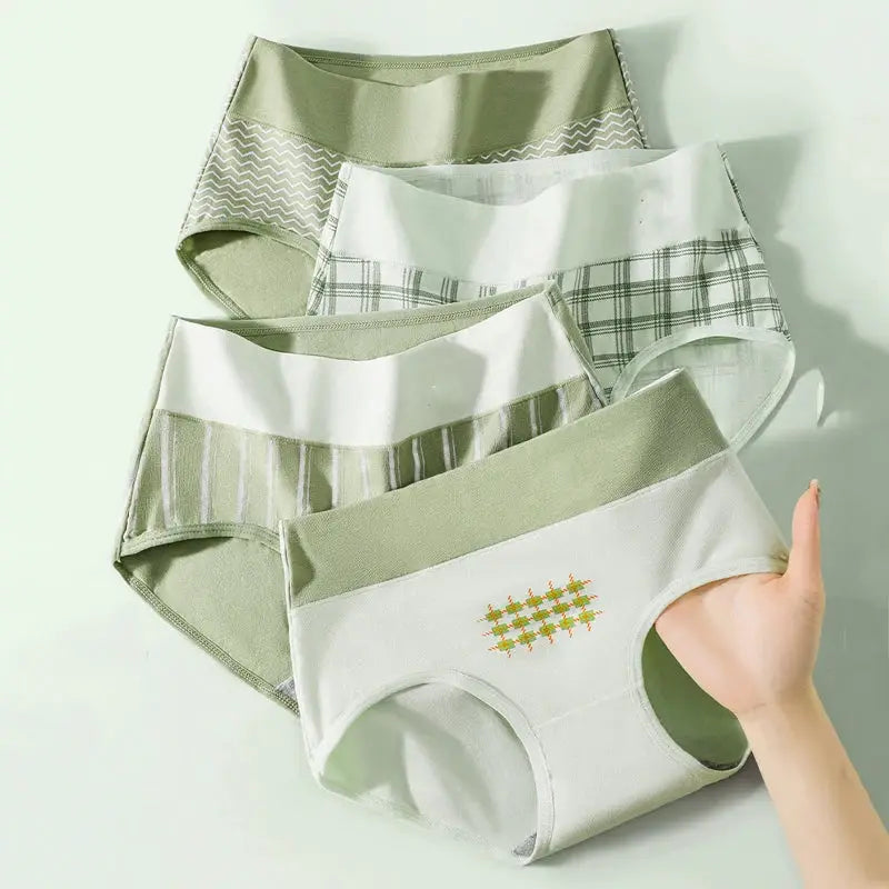 4Pcs cotton women panties set, high-waist body-shaper underwear in green and white prints, Simples Market