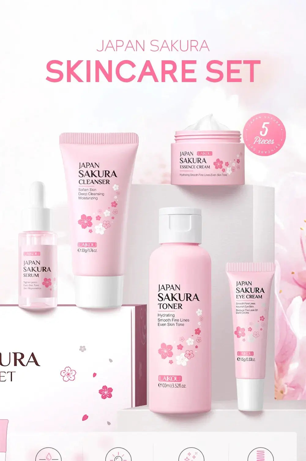 Laikou Sakura Kit Skincare Set 5 Piece Moisturizing Fine Line Reduction Pore Cleanser Niacinamide Brightening Gift Women