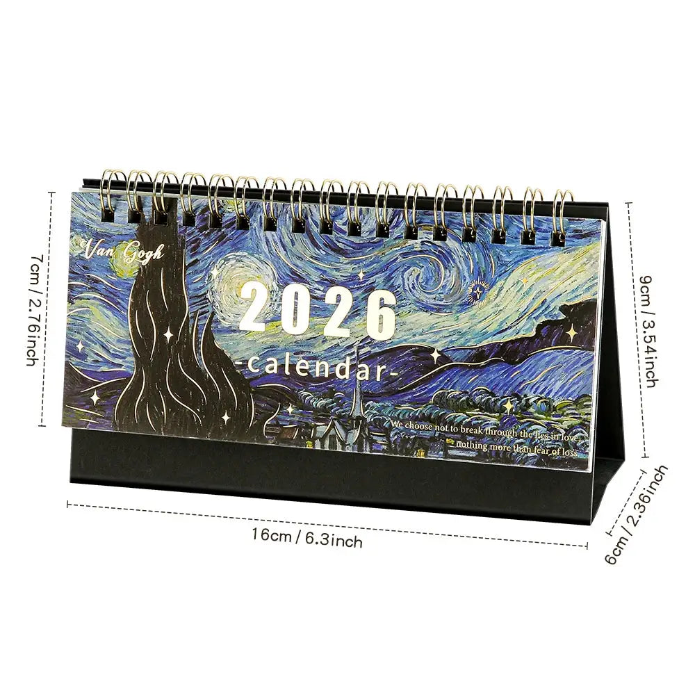 Desk calendar 2026 with vintage painting art, monthly calendar, memo notes, spiral bound for home office
